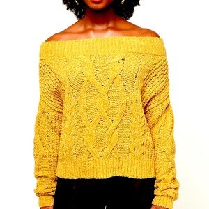EXPRESS Yellow Chenille Knit Off Shoulder Sweater (med)